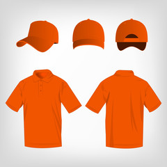 Sport orange polo shirt and baseball cap isolated set vector