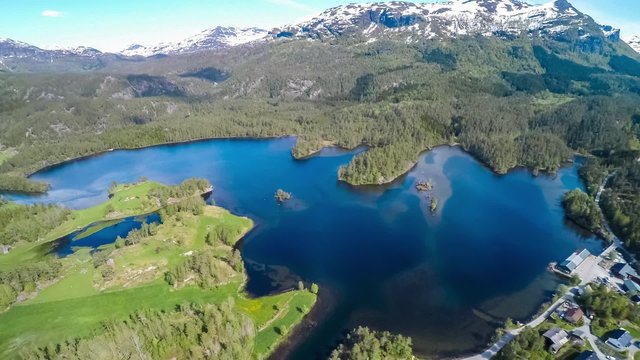 Aerial footage Latefossen Waterfall Odda Norway. Latefoss is a powerful, twin waterfall. View from the bird's-eye view.
