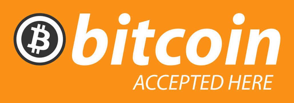 Bitcoin icon banner with text "bitcoin accepted here". Flat design vector illustration.