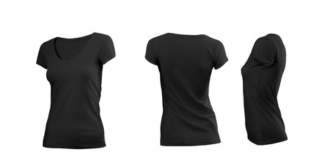 Black woman's T-shirt with short sleeves with rear and side view on a white background