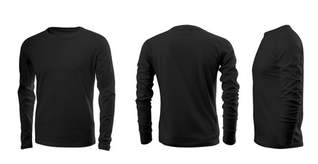 Black men's T-shirt with long sleeves with rear and side views on a white background