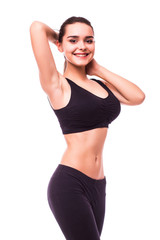 Fototapeta na wymiar Portrait of beautiful young sporty muscular woman. Isolated over white background