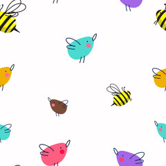 seamless vector pattern with bright stylized bird hummingbird and bee in the style of children's drawings