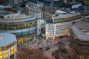 LONDON, UK - JANUARY 27, 2015: City of London at sunset, business and banking aria aerial view