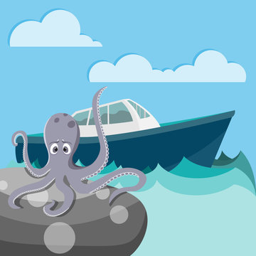 Octopus in the sea waiting for a boat