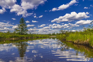 Summer day landscape with river, forest, clouds and reflection 