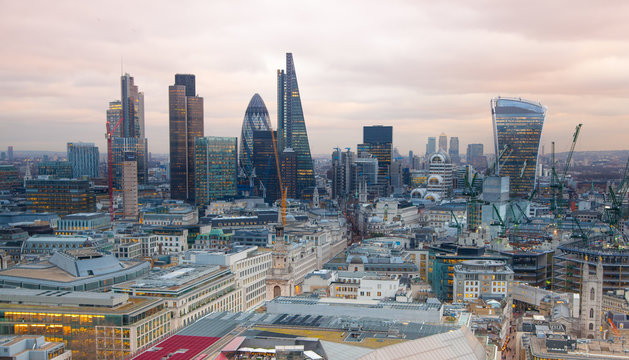 LONDON, UK - JANUARY 27, 2015: City of London at sunset, business and banking aria aerial view