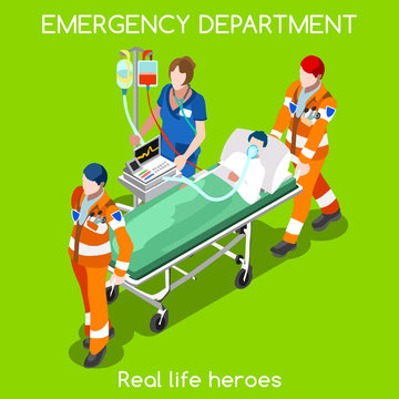 Emergency Department Ambulance Medical Rescue Team Service. Heart First Aid Infographic. Adult Patient Stretcher Clinic Nurse. Medicine Insurance Health Care 3D Flat Isometric People Vector Image.