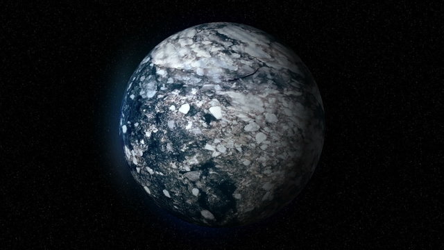 A fictional ice planet in space. Ice chunks move as planet slowly rotates and approaches camera.  	