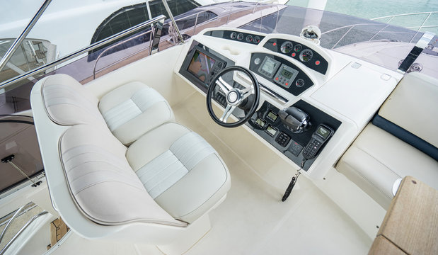 Interior of luxury yacht with driving place.