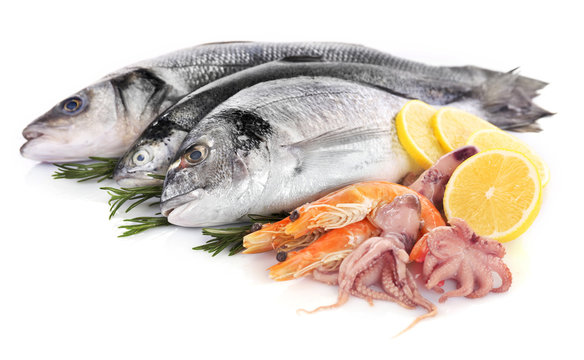 Fresh Mediterranean Cocktail Of Fish On White Background, Close Up