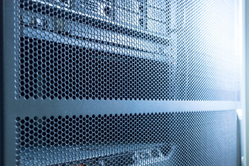 Computer Server in rack server close-up with blue light