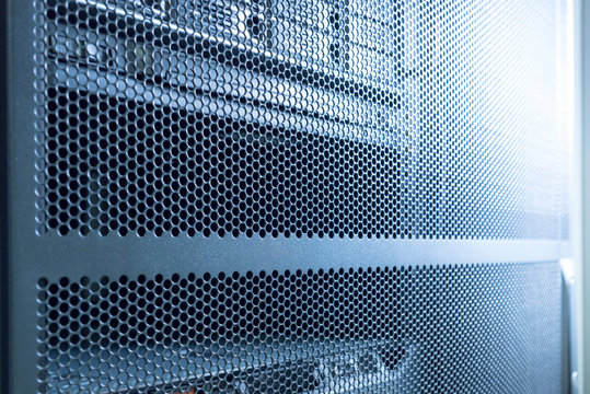 Computer Server in rack server close-up with blue light