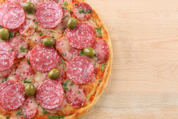 Delicious tasty pizza, closeup