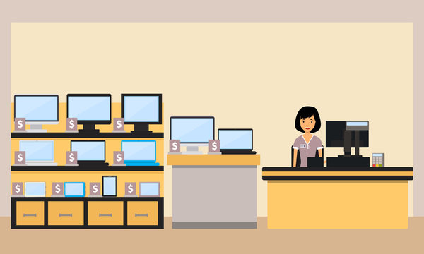 Happy woman seller in the electronics store. Vector illustration