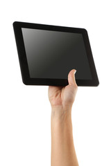 Black tablet in hands isolated on white background