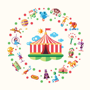 Circus, carnival icons and infographic elements postcard