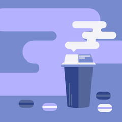 Background with coffee cup and macaroons. 