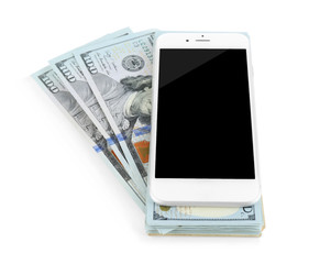 Smart phone on dollar banknotes, isolated on white. Internet earning concept