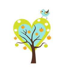 Heart tree with Singing Bird. Stylized happy cartoon illustration. Flat color vector design. Child theme.