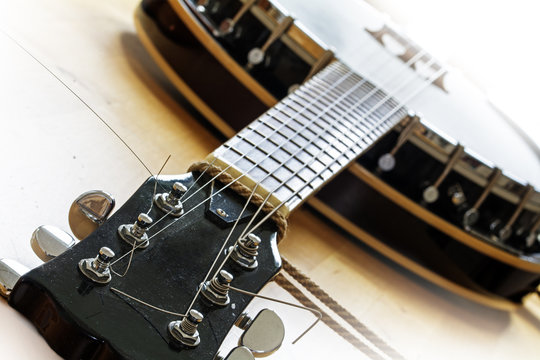 used banjo, western music instrument detail,