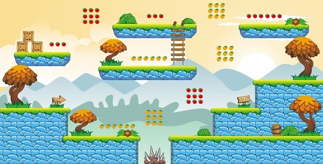 Tile set Platform for Game - A set of layered vector game asset, 
contains backgorund, ground tiles and several items / objects / decorations,
used for creating mobile games