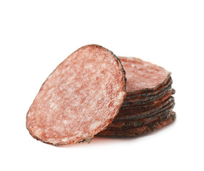 Pile of salami slices isolated