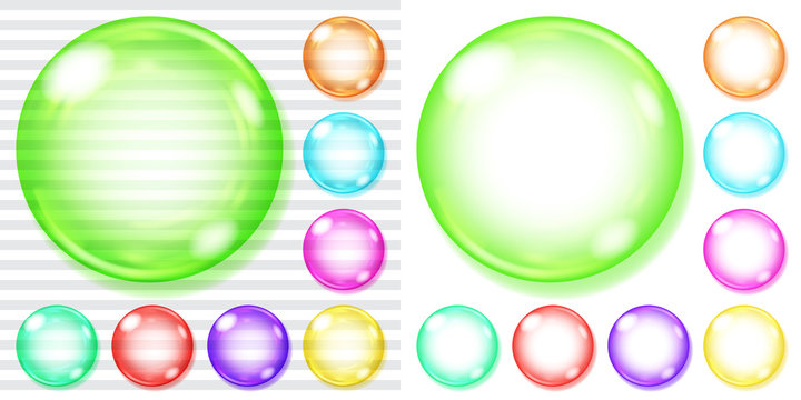 Set of transparent glass spheres and opaque spheres of various colors with glares and shadows. Transparency only in vector file