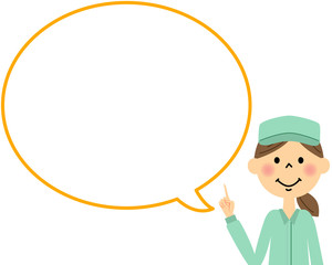 作業服の女性（上半身）　指をさす　吹き出し