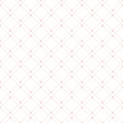 Geometric repeating vector ornament with diagonal dotted lines. Seamless abstract modern pattern. Light pink and white wallpaper