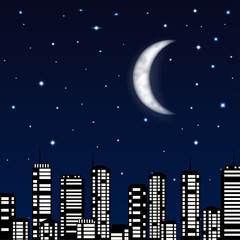 Night sky with moon, stars and silhouette of the city