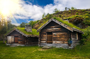 Beautiful view on ancient scandinavian timbered village and countryside landscape