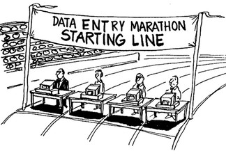 Business cartoon about a data entry marathon race. 