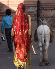 Inde, femme en sari dans les rues de Bundi, Rajasthan