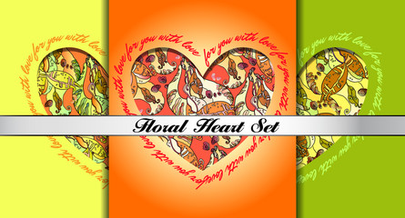 Set of decorative hearts with floral ornament.