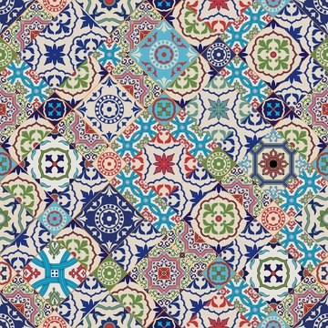 Mega Gorgeous seamless patchwork pattern from colorful Moroccan tiles, ornaments. Can be used for wallpaper, pattern fills, web page background,surface textures.