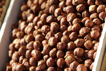 Hazelnuts in a box at market