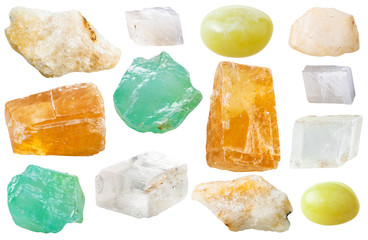 various calcite gem stones isolated on white