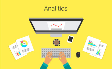 Business process on monitor report graph. Analyst,s work. Analytical graphs and charts. Vector illustration.