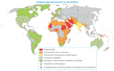 Fototapeta na wymiar Lesbian and gay rights in the world, 2014. Fully editable vector map and graphics.