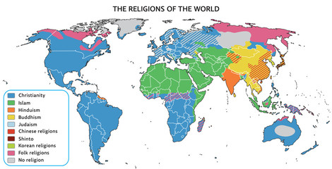 Religions of the world on map. Fully editable vector graphics.