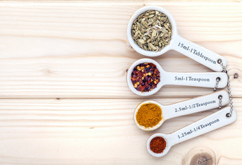 Ceramic measurement spoons filled with various spices on a pinewood  background linked together and viewed from above.