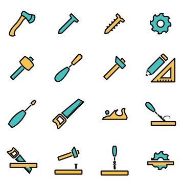 Trendy flat line icon pack for designers and developers. Vector line carpentry icon set, carpentry icon object, carpentry icon picture, carpentry icon image - stock vector