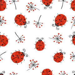 Ladybugs seamless pattern. Vector repeating wallpaper with cute doodle ladybirds. 