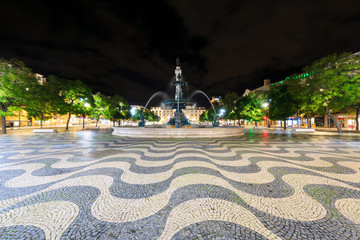 Square Pedro IV (Rossio) in Lisbon at night, Portugal