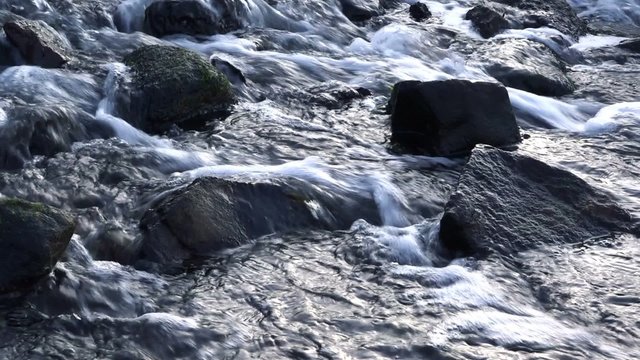 Water stream flowing over rocks, creek or small water current detail.