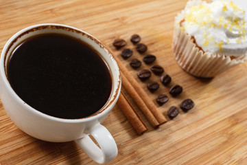 Sweet muffin and coffee. Overhead view