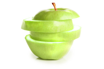 Fresh green Apple cut in pieces. Isolated on white background, cut off the path.