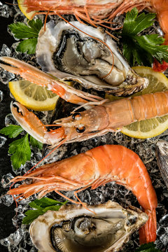 Seafood served on black stone