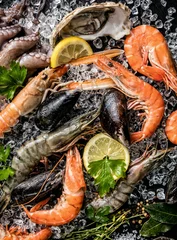 Crédence de cuisine en verre imprimé Crustacés Fruits de mer servis sur pierre noire
